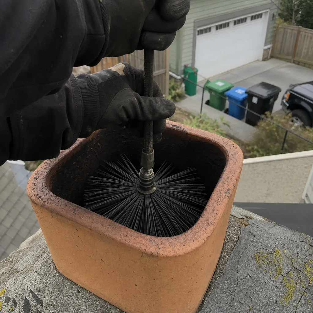 Professional chimney sweep cleaning a brick chimney flue with a brush