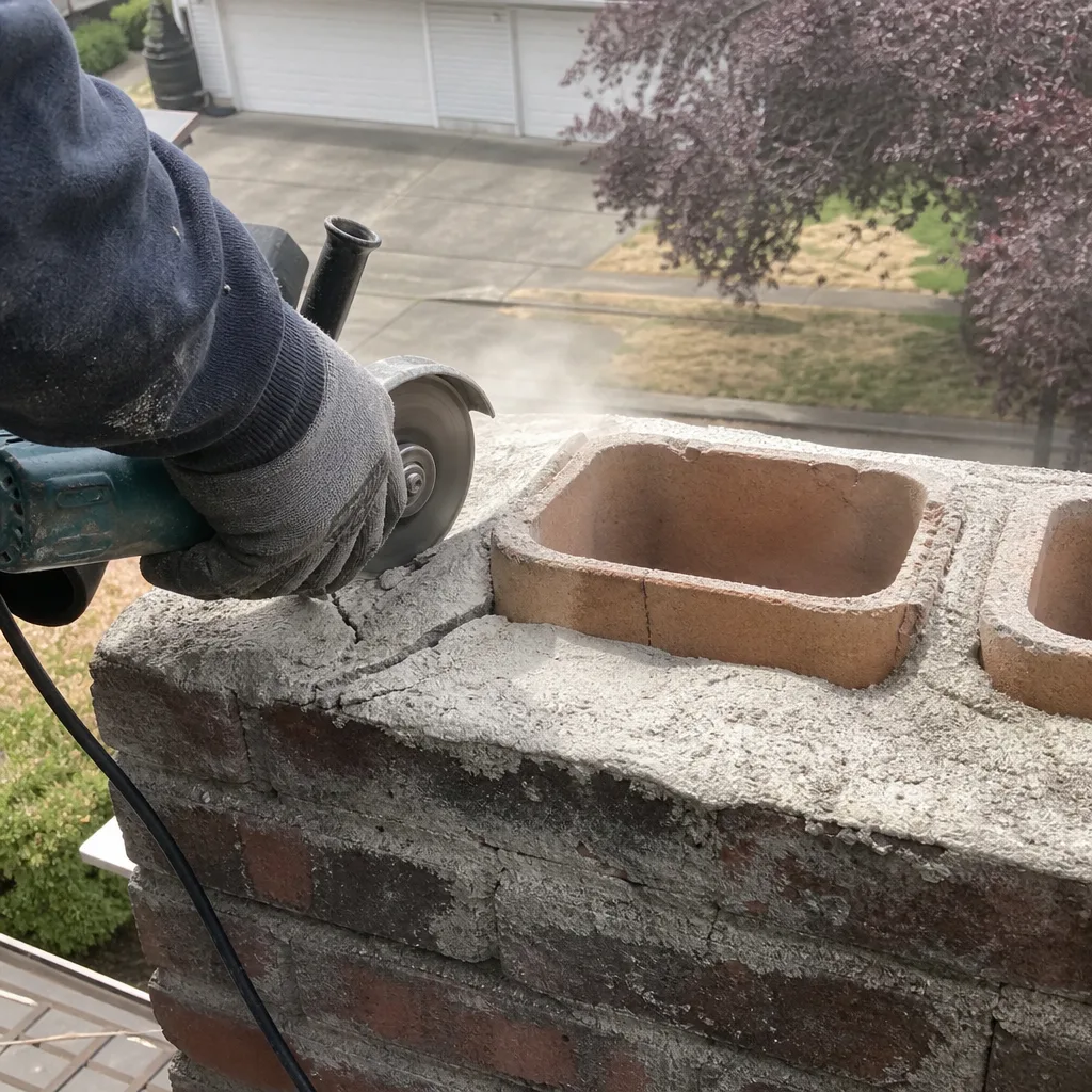 Worker performing professional chimney masonry crown repair with a power saw