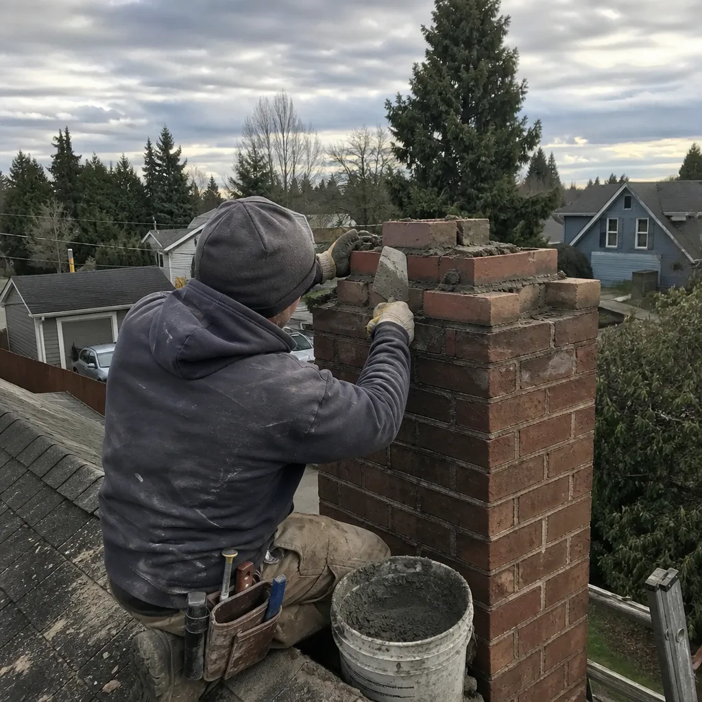 Professional bricklayer performing brick chimney repair and mortar work on rooftop