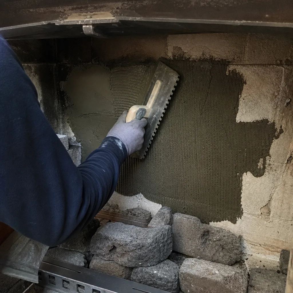Worker applying mortar to a fireplace interior wall with a trowel