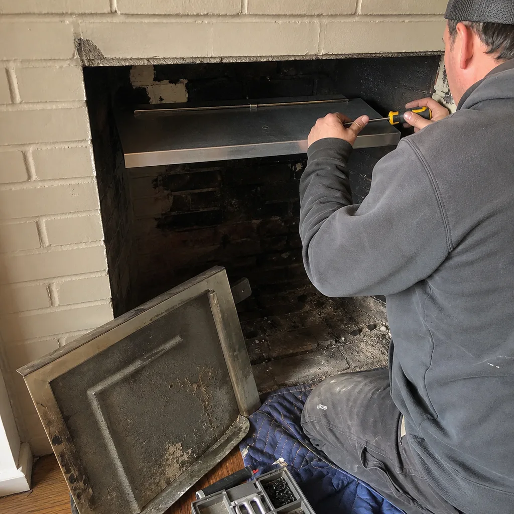 Technician installing a stainless steel fireplace damper for professional chimney maintenance.