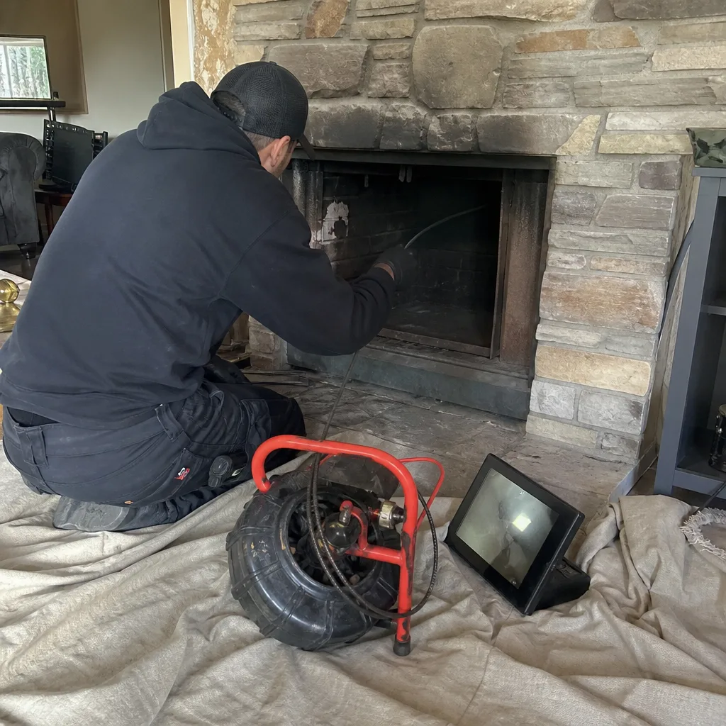 Technician using a chimney inspection camera to examine a stone fireplace.