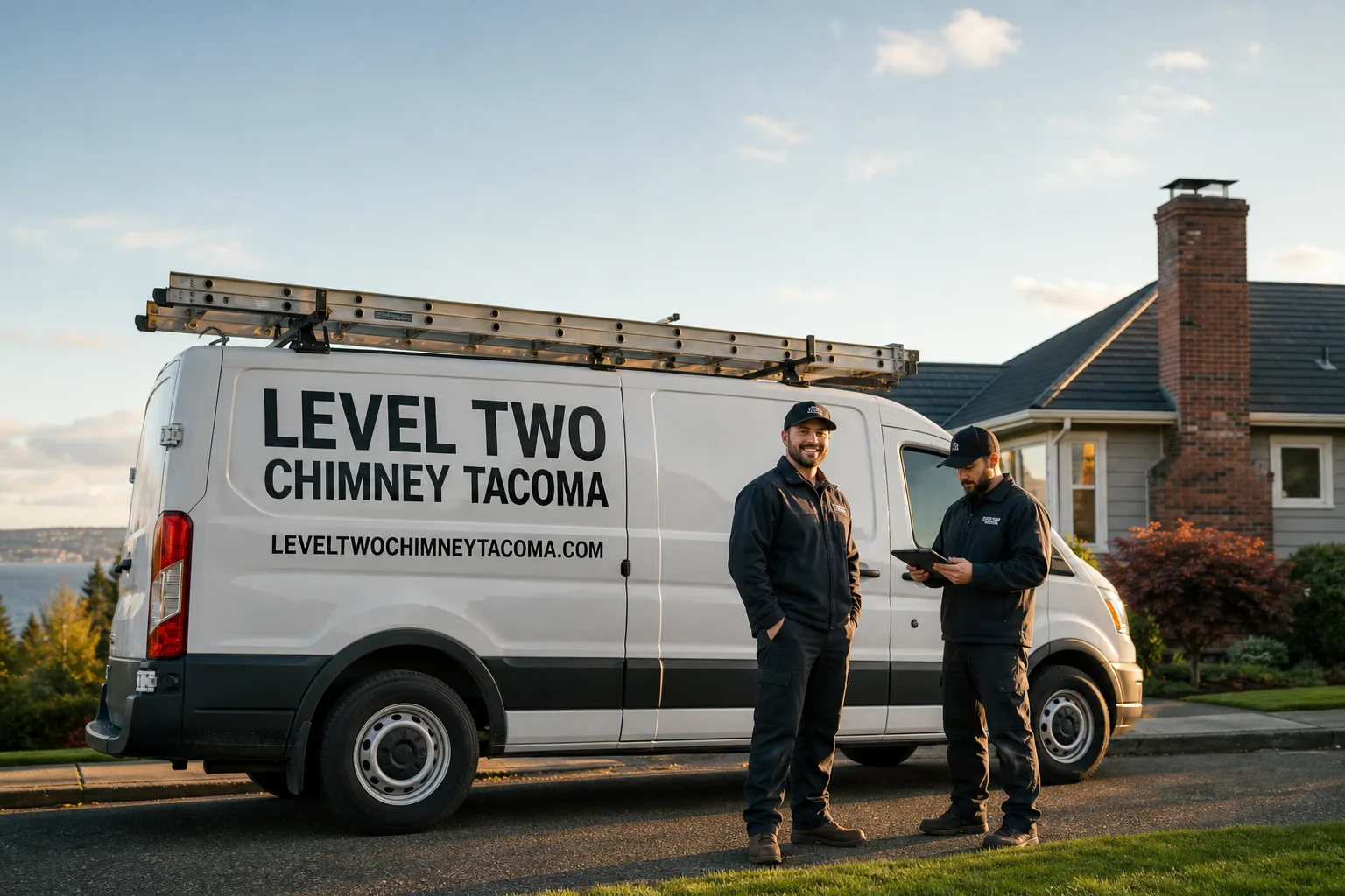 Level Two Chimney Tacoma chimney cleaning service vehicle and crew in Tacoma, WA